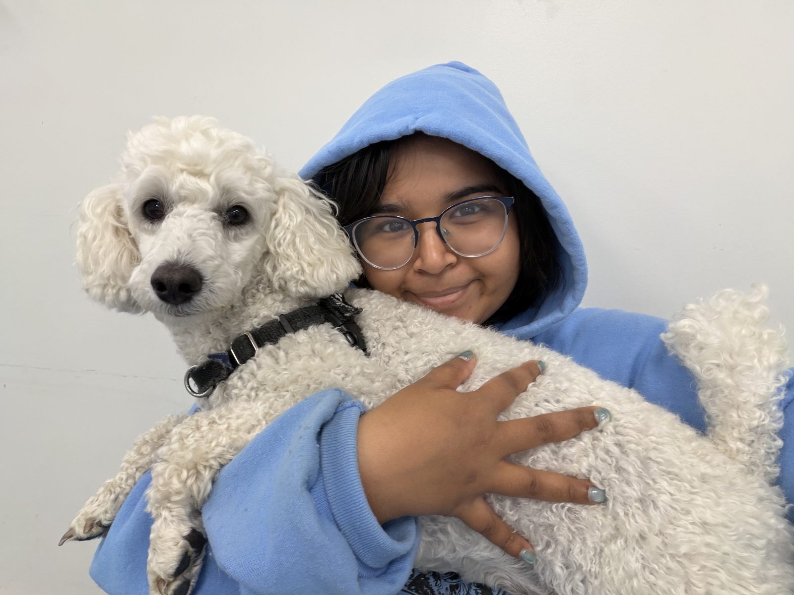 A person holding a white dog